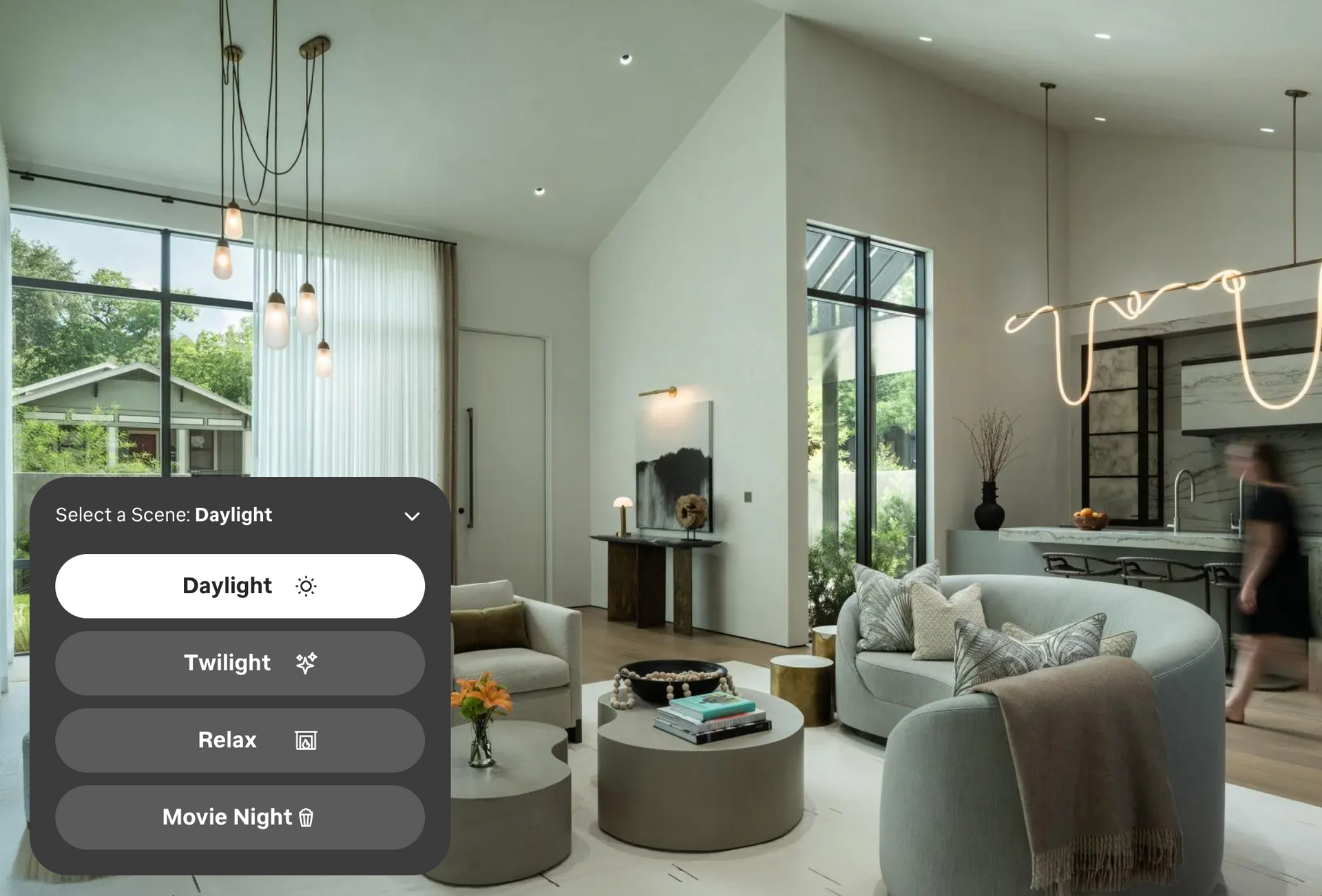 A smart home ecosystem featuring a tablet interface, smartphone app, remote control, and a white hub device on a dark background.