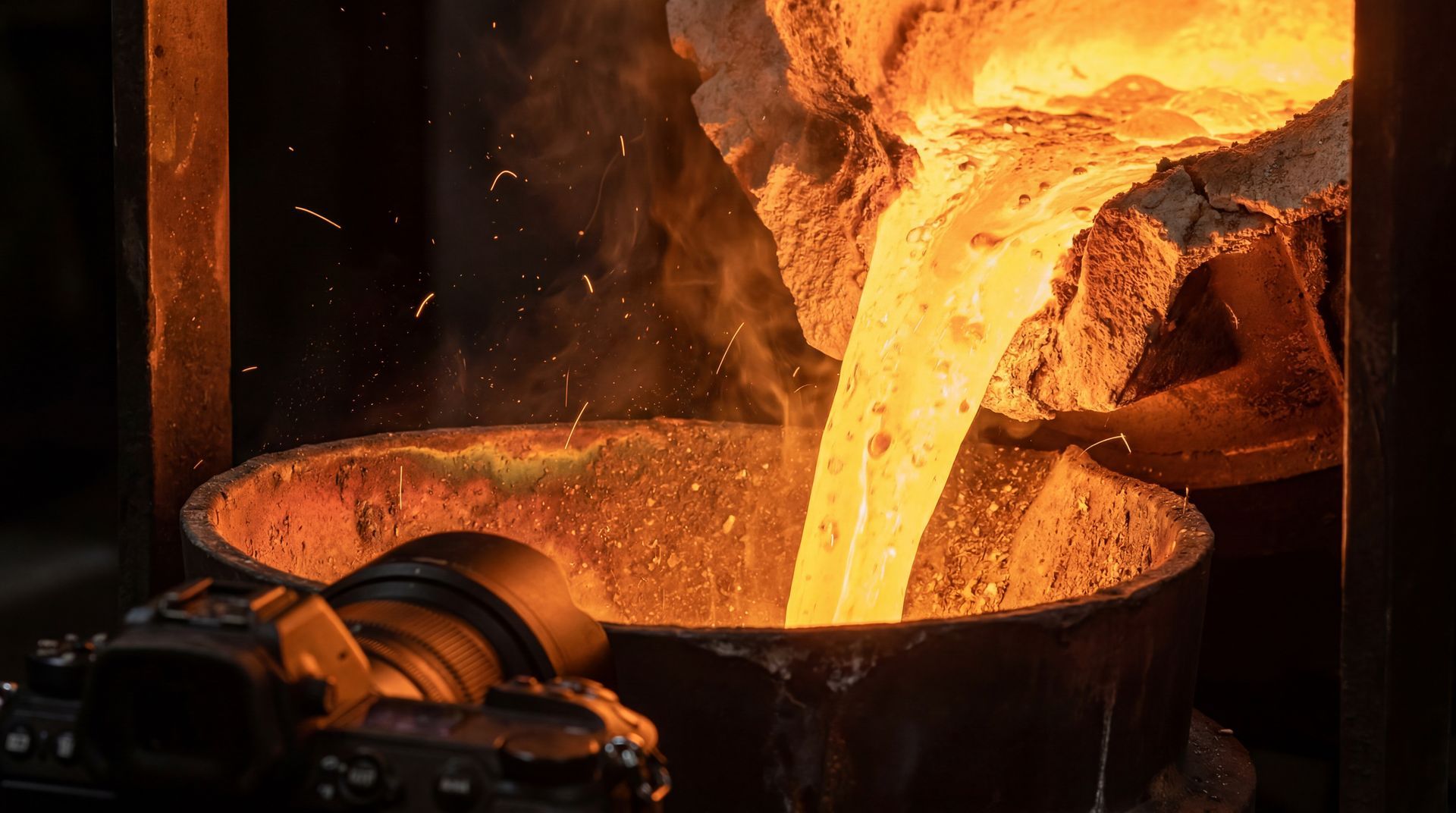 molten steel pouring into a refractory ladle molten steel pouring into a refractory ladle
