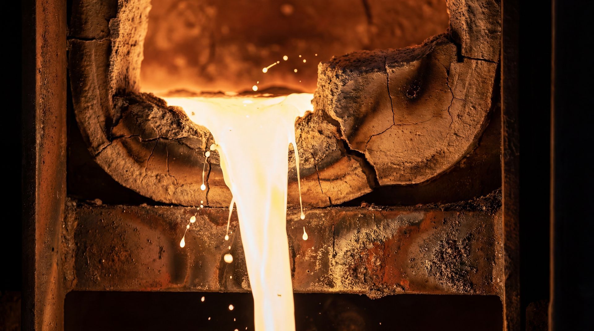 Molten steel flowing from a refractory furnace during industrial casting process Molten steel flowing from a refractory furnace during industrial casting process