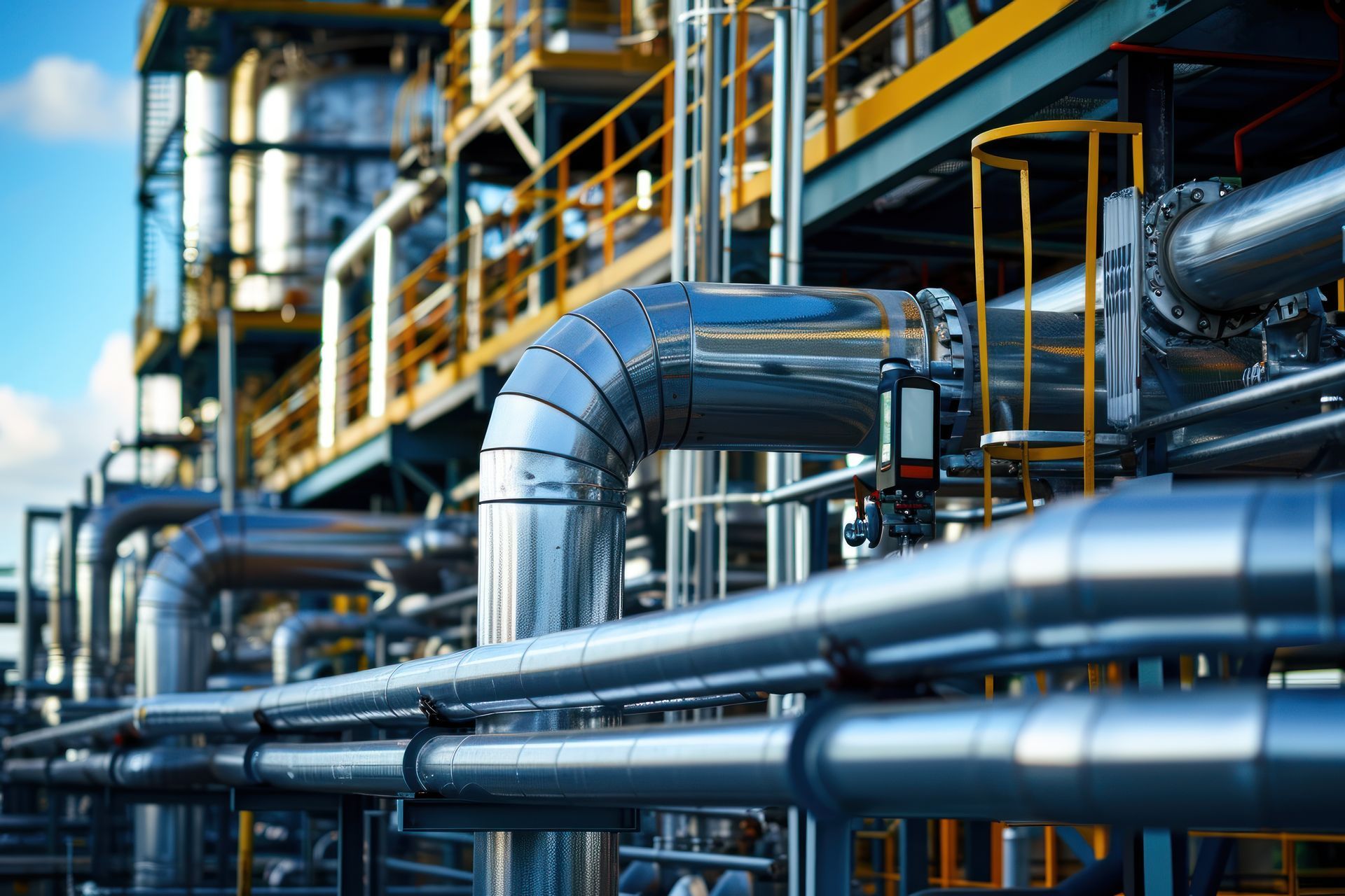 Stainless steel piping at a petrochemical plant under a blue sky.