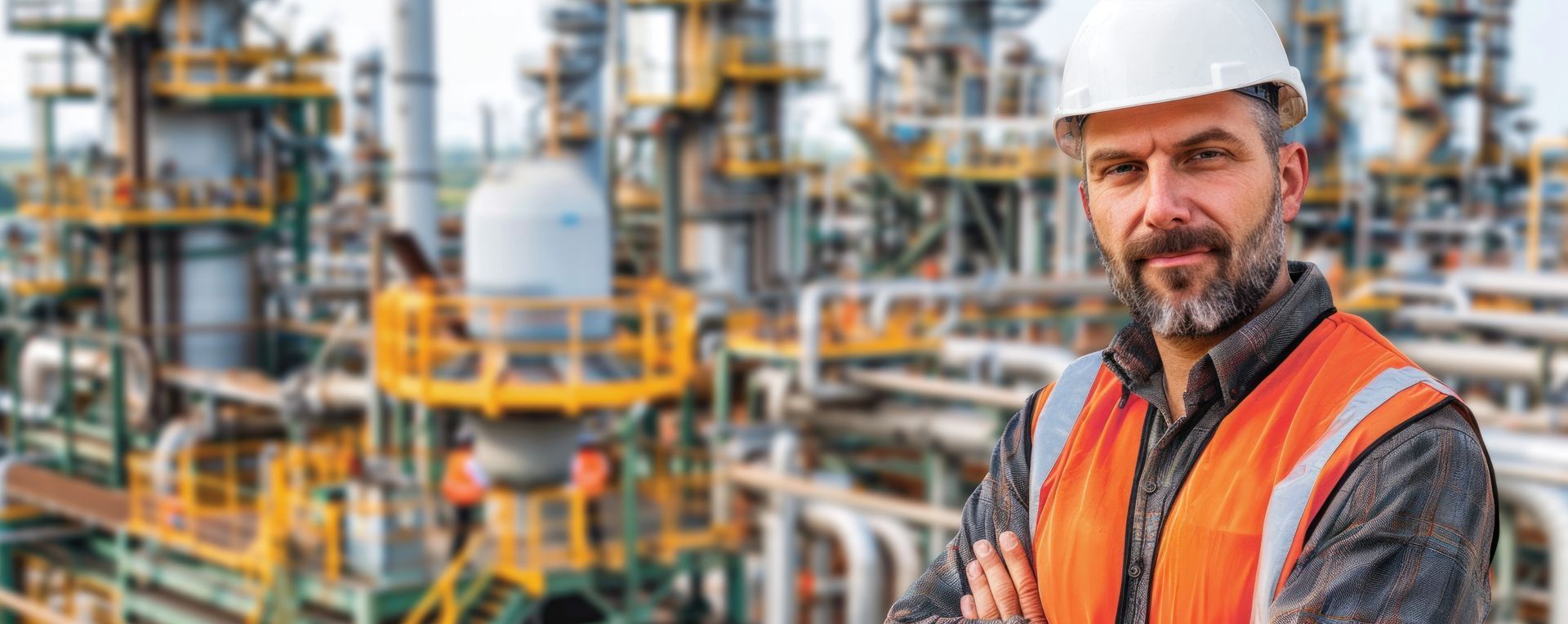 Industrial worker in hard hat and safety vest at a refinery