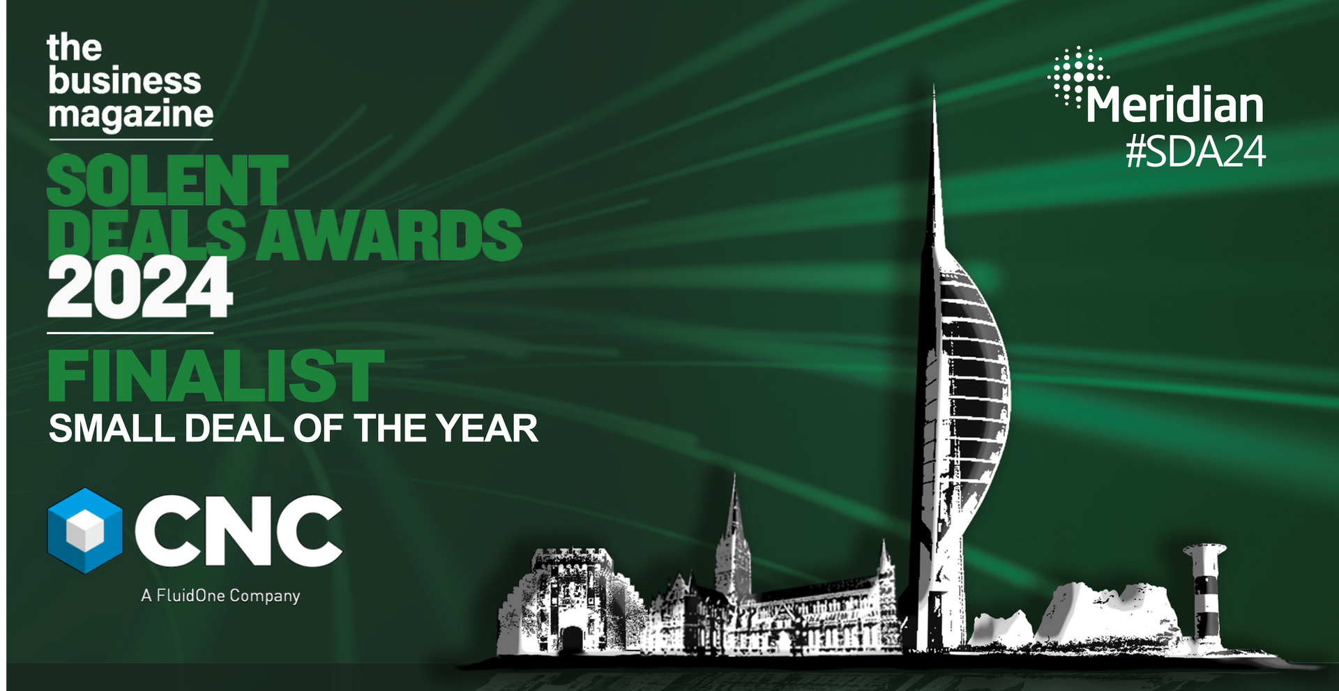 Solent Deals Awards finalist logo. Green background with Portsmouth skyline. 