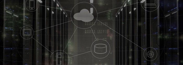 Dark server room with overlaid cloud computing graphic, connecting various devices to cloud storage and databases.