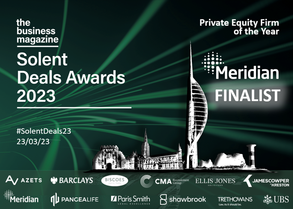 Solent Deals Awards 2023 graphic featuring Meridian as a finalist for Private Equity Firm of the Year.