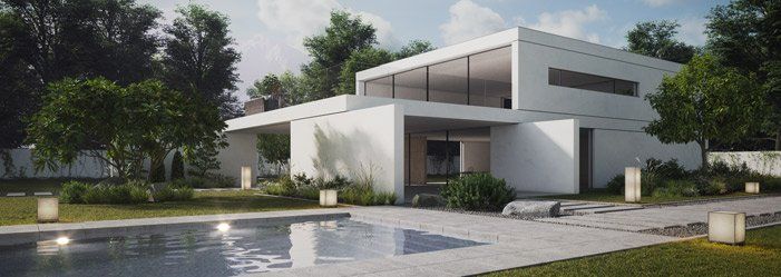 Modern white house with a pool and lush landscaping.