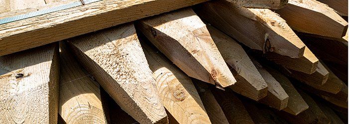 Close-up of wooden stakes with beveled ends, stacked together. The wood is a light brown color, and sunlight casts shadows.