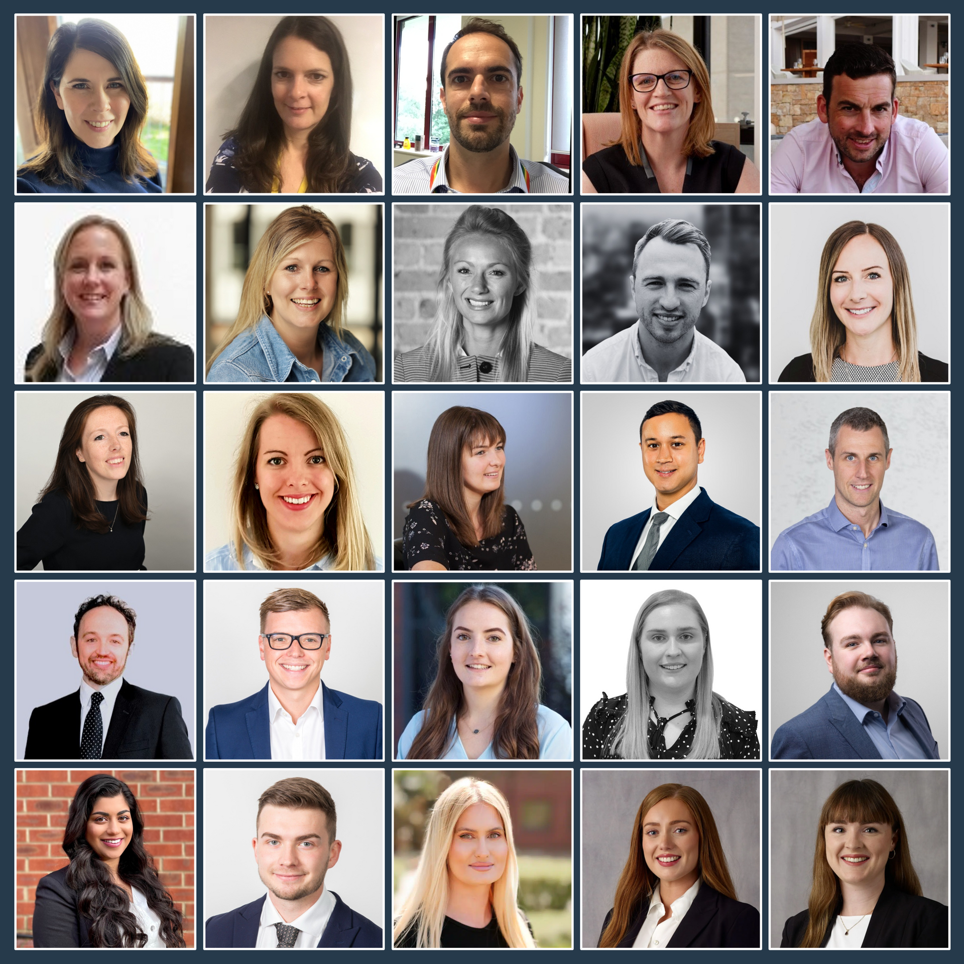 Grid of 25 smiling faces, likely portraits, set against various backgrounds.