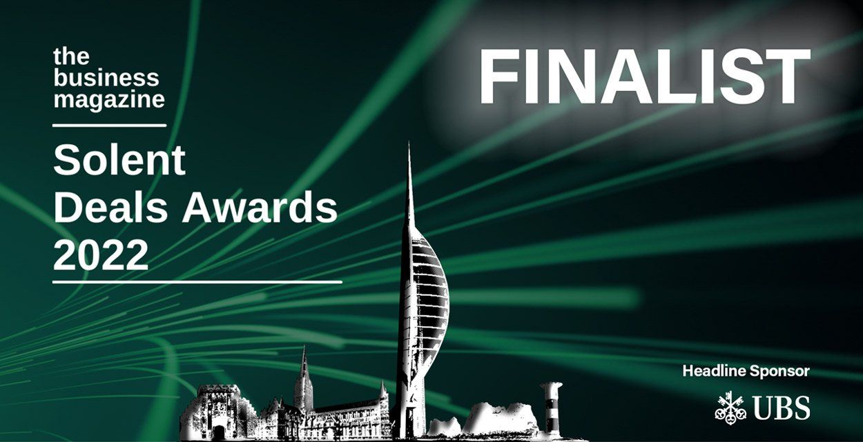 Solent Deals Awards 2022 finalist graphic. Green background with Portsmouth Spinnaker Tower and UBS sponsor logo.