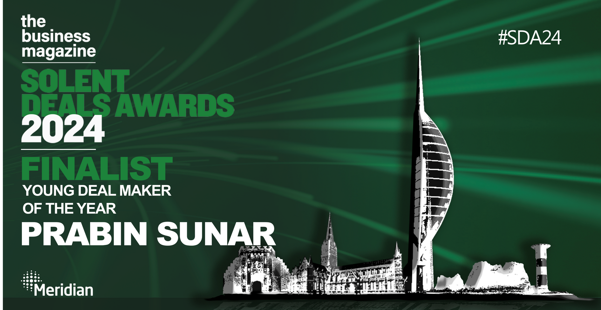 Solent Deals Awards finalist graphic featuring Prabin Sunar and the Spinnaker Tower.