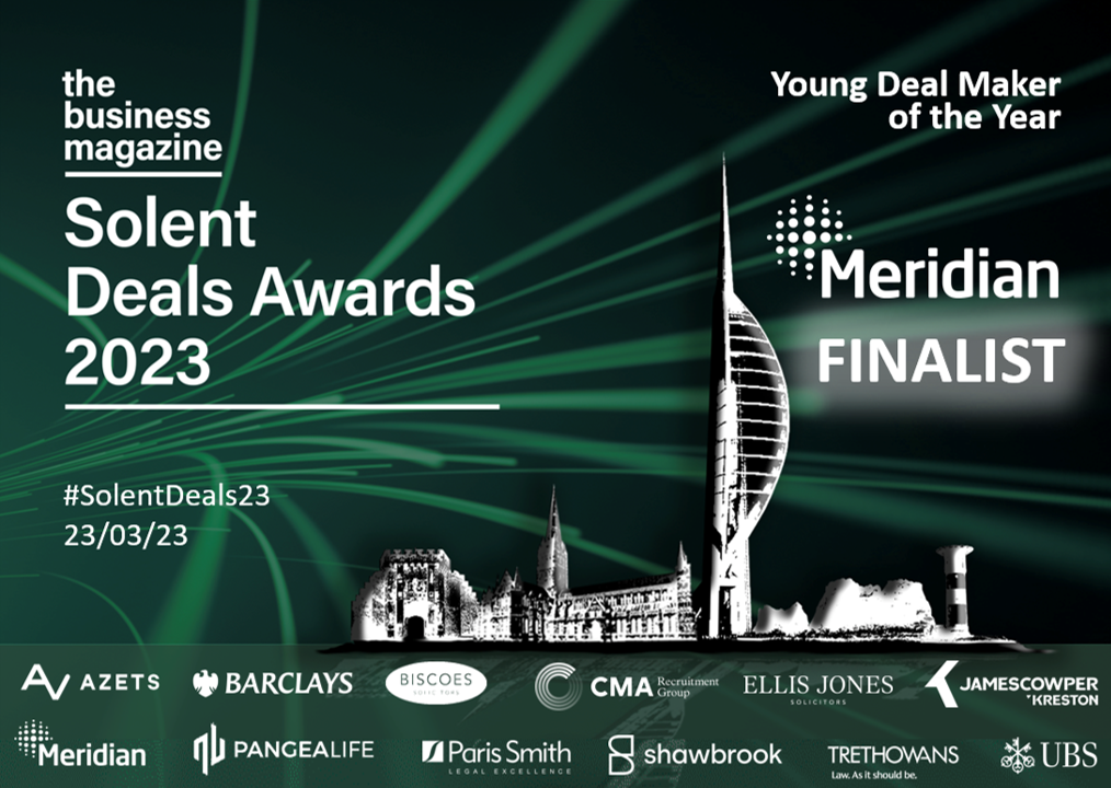Solent Deals Awards 2023 graphic. Green and black with city silhouette and sponsors' logos. Meridian finalist.