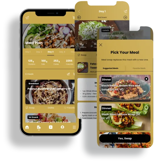 Three mobile app screens for a meal-planning app with food photos, gold and dark theme, and a “Pick Your Meal” page