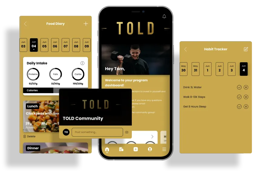 Mobile fitness app design mockups in gold and black.