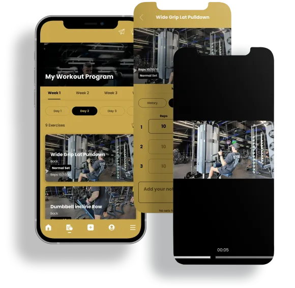 Two gold fitness app screens showing workout programs and a video workout interface on a smartphone