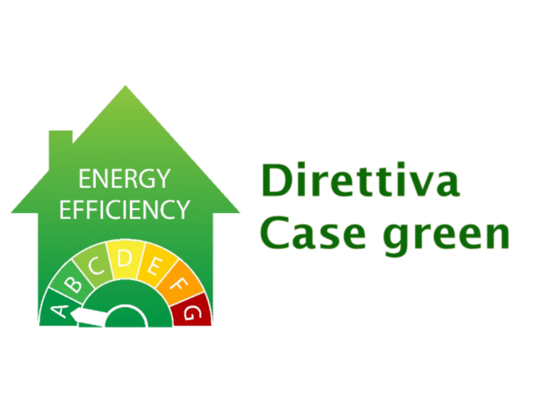 Serra con etichetta “Efficienza Energetica” e indicatore di valutazione colorato, accanto alla scritta “Direttiva Case green”