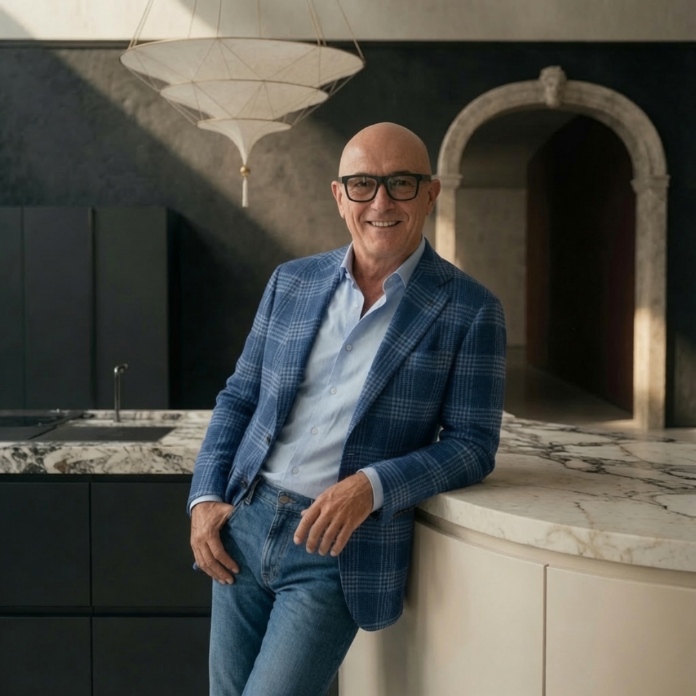 Un uomo con blazer blu e jeans è appoggiato a un bancone di marmo in un interno moderno con una porta ad arco.