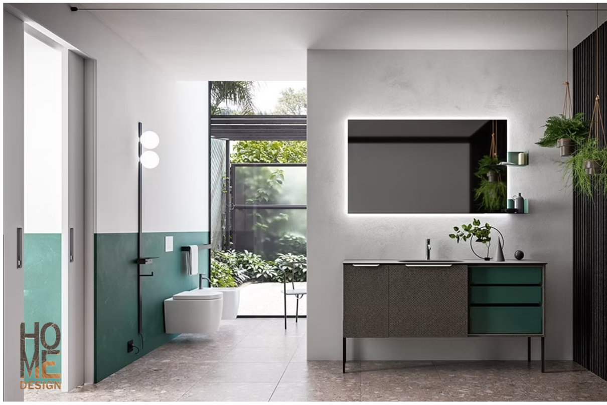 Bagno moderno con dettagli color verde acqua, vasca freestanding, ampia finestra, specchio e mobile lavabo doppio.