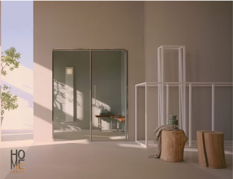 Patio minimalista con porte scorrevoli in vetro, ringhiere bianche e sgabelli in legno, immerso nella calda luce del sole.
