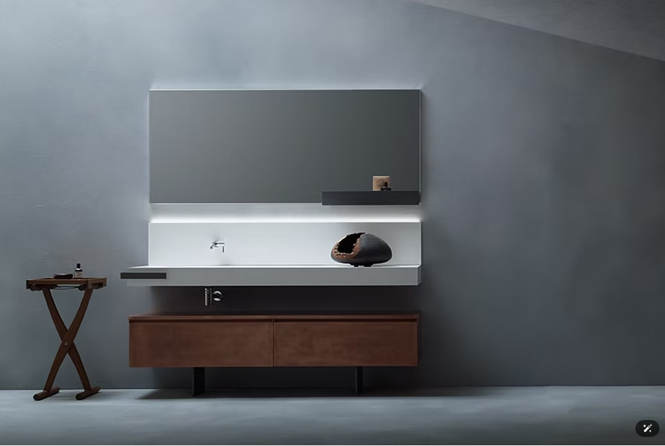 Mobile bagno moderno con parete grigia, ripiano lavabo bianco, mobiletto in legno e tavolino laterale.