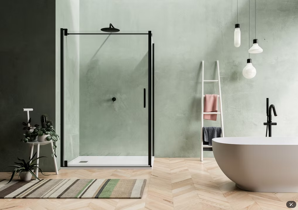 Bagno moderno con doccia in vetro, vasca freestanding, mensola a scaletta, piante e tappeto a righe.