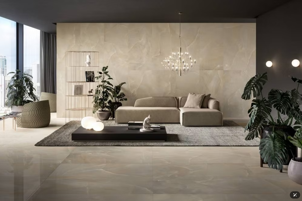 Soggiorno moderno e minimalista con divano beige, lampadario, tappeto scuro e grandi piante in vaso.