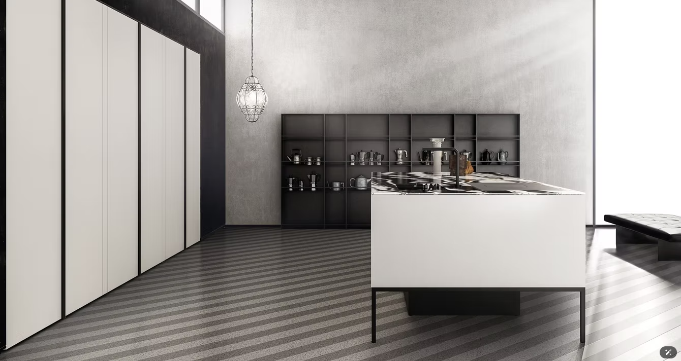 Interni di ufficio moderni e minimalisti con scrivanie bianche, scaffali neri e pavimento in moquette a righe.