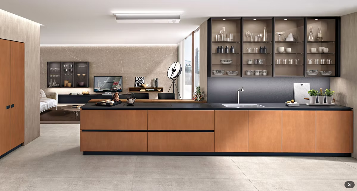 Moderna area reception per ufficio con scrivania in legno, vetrine e monitor per computer.