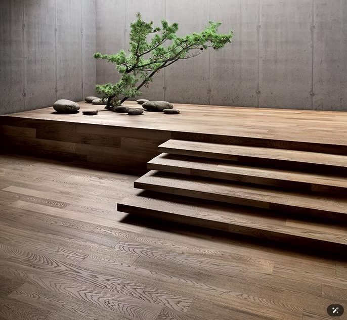 Interno moderno e minimalista con scalini in legno, un bonsai e pietre su una piattaforma rialzata.