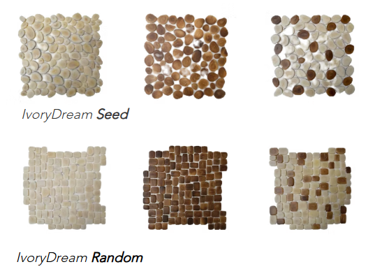 Campioni di texture per piastrelle nei colori avorio, marrone e beige, etichettati