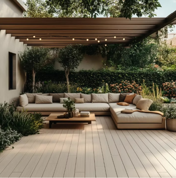 Moderno patio esterno con divano componibile beige, tavolino da caffè in legno e pergola a doghe con luci decorative.