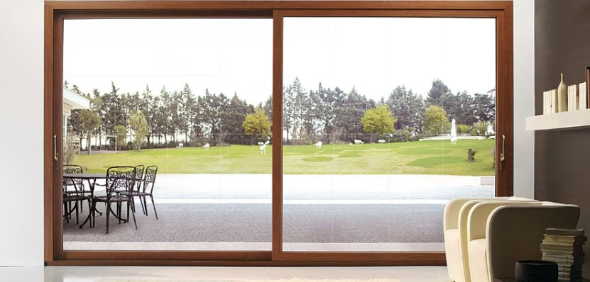 Le porte scorrevoli in vetro si aprono su un patio con vista sul parco erboso, con sedie interne sulla destra.