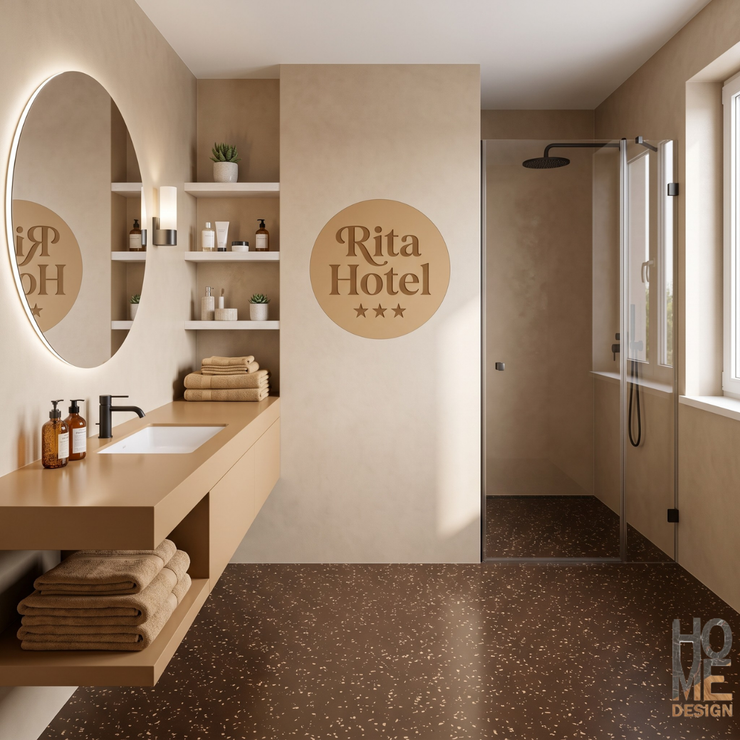 Bagno moderno in tonalità beige con lavabo, mensole, finestra e insegna a muro con la scritta 