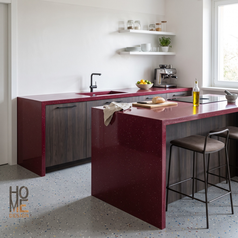 Cucina moderna con isola color bordeaux, mobili grigi, mensole a vista e sgabelli accanto a una finestra luminosa.