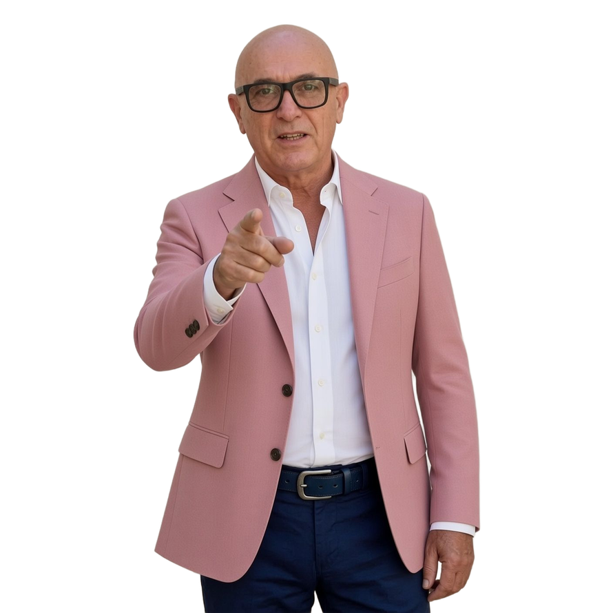 Uomo con blazer rosa e occhiali che indica verso la telecamera su sfondo bianco