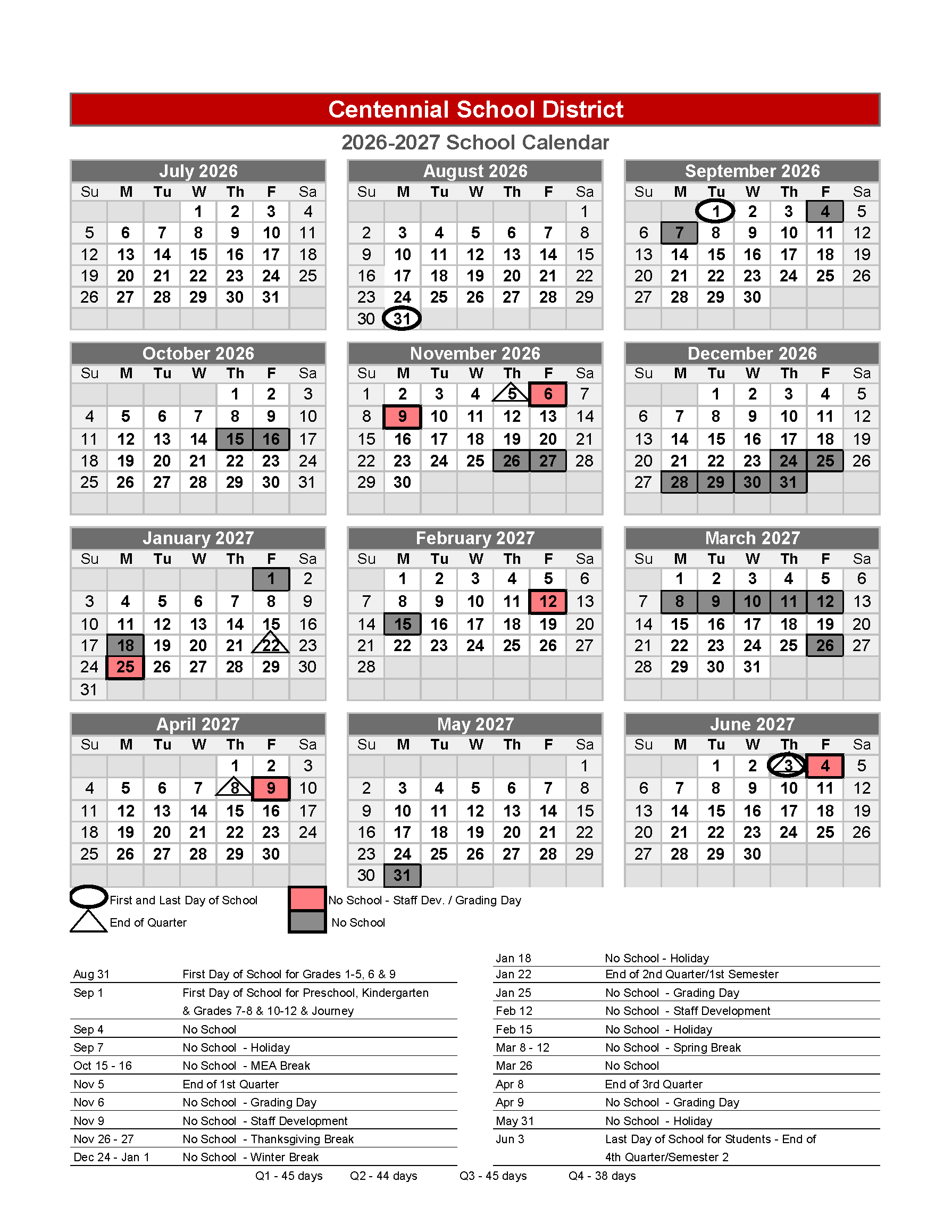 Centennial School District calendar