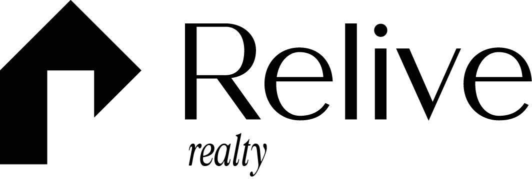 Relive Realty logo with black house icon and black text on white background