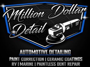 A logo for million dollar detailing automotive detailing paint correction ceramic coatings rv marine paintless dent repair