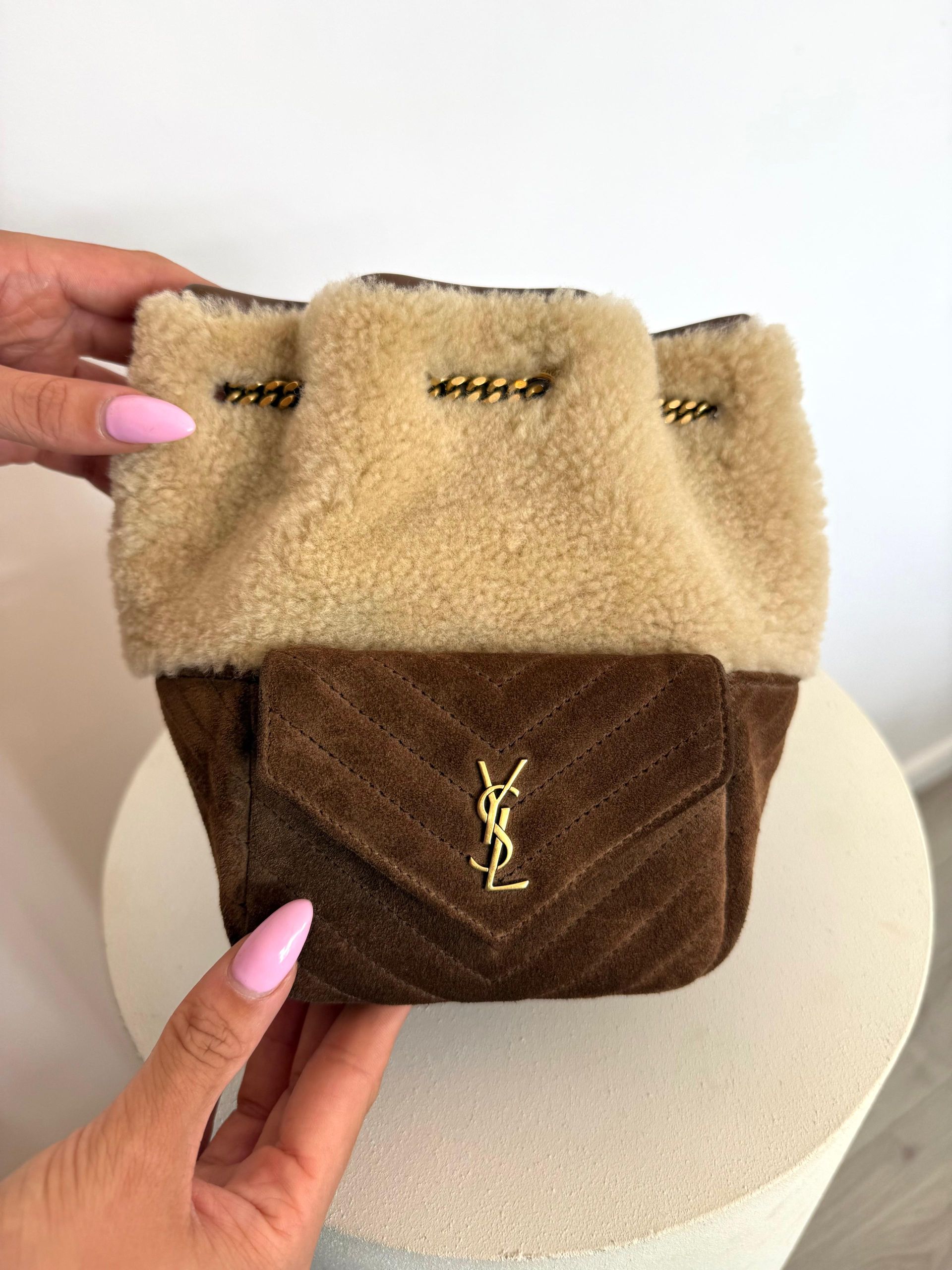 Saint Laurent Joe Mini YSL Shearling Bucket Bag