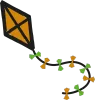 Pipa laranja com armação preta voando em uma linha curva com laços verdes e laranjas.