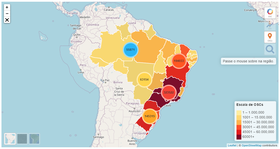 Mapa de calor do Brasil por estado, usando um gradiente de cores do amarelo ao vermelho escuro para indicar os níveis de densidade populacional ou de dados.