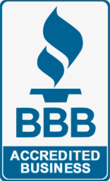 A blue and white bbb accredited business logo