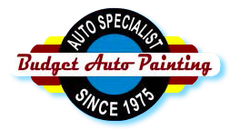 Logo for Budget Auto Painting. Black and blue circle with text. Red and yellow accent.