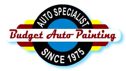 Logo for Budget Auto Painting. Black and blue circle with text. Red and yellow accent.