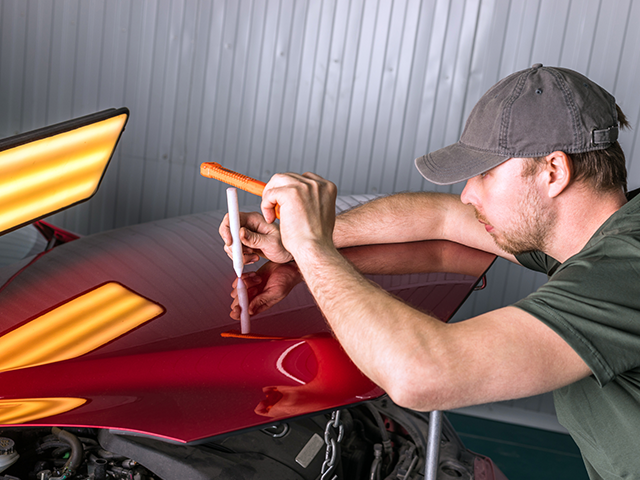 A man is working on the hood of a red car.