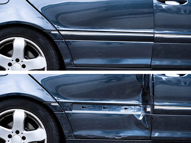 A before and after picture of a car with a damaged side door.