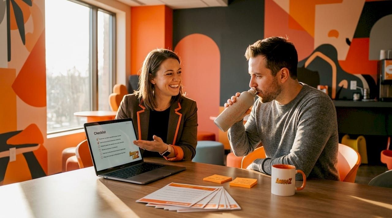 Two coworkers talking at a desk with a laptop and coffee in a bright office with orange wall art
