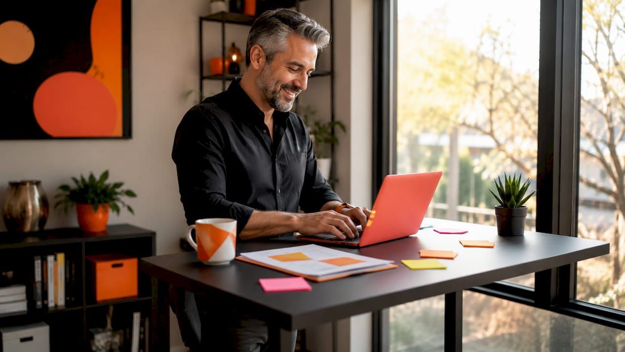 Person working on a red laptop at a desk in a bright home office with plants and papers