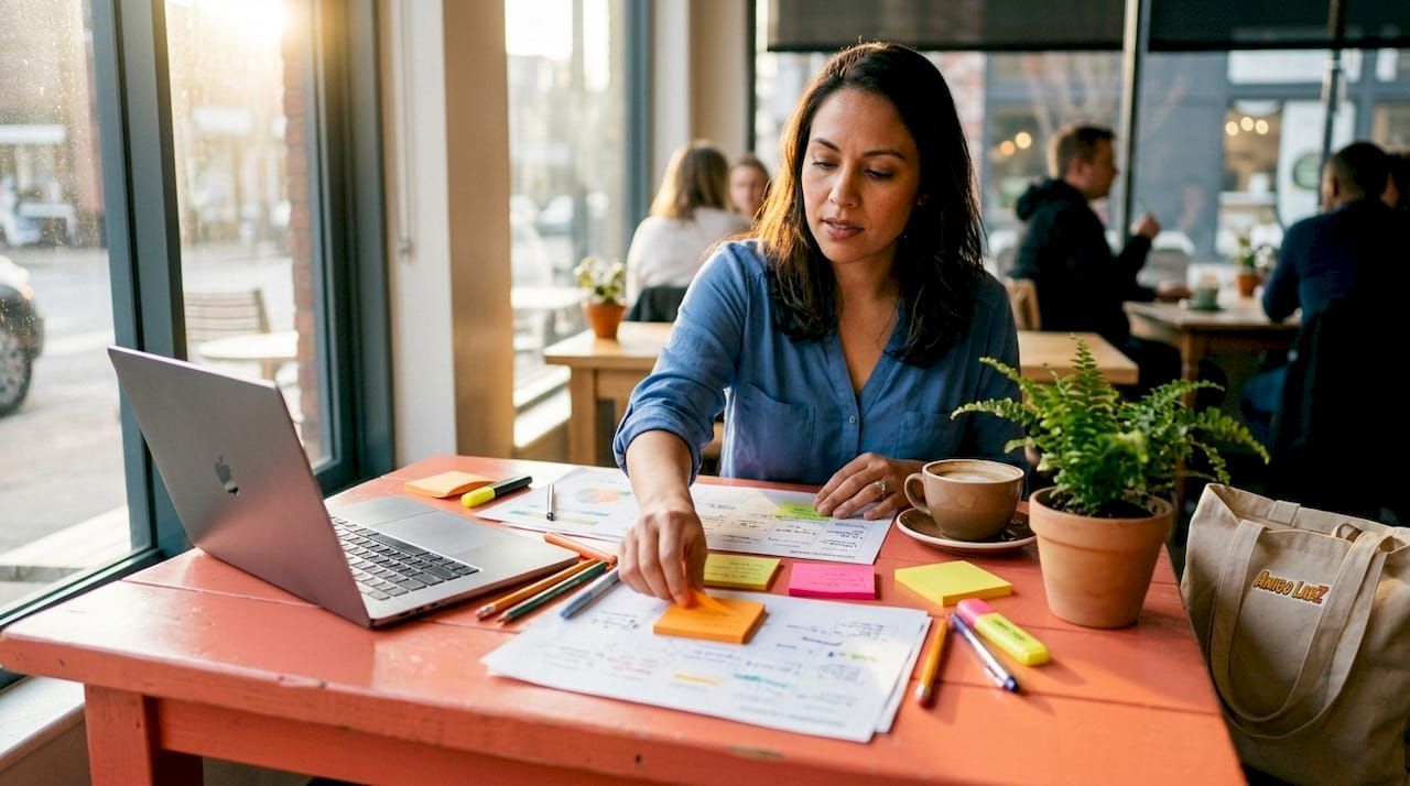Woman working at a café table with laptop, papers, coffee, and a potted plant