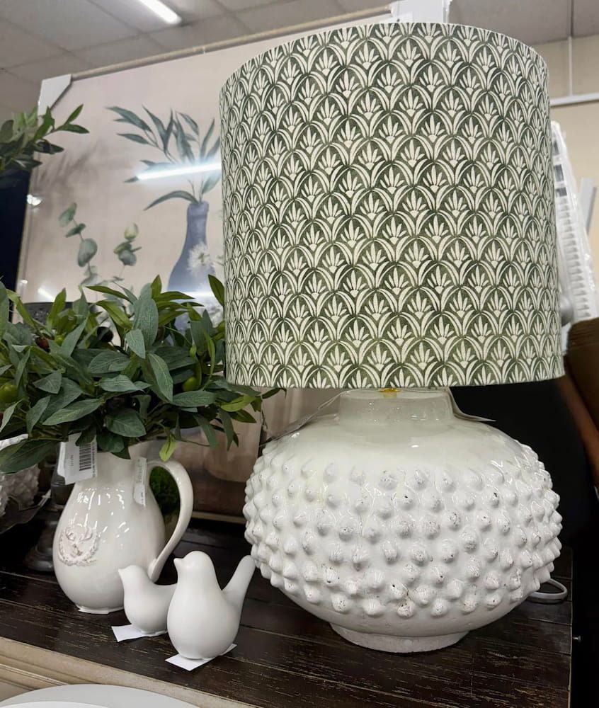 Two White Lamps With Green Shades Are Sitting on a Table — Tamworth Interiors in Armidale, NSW 