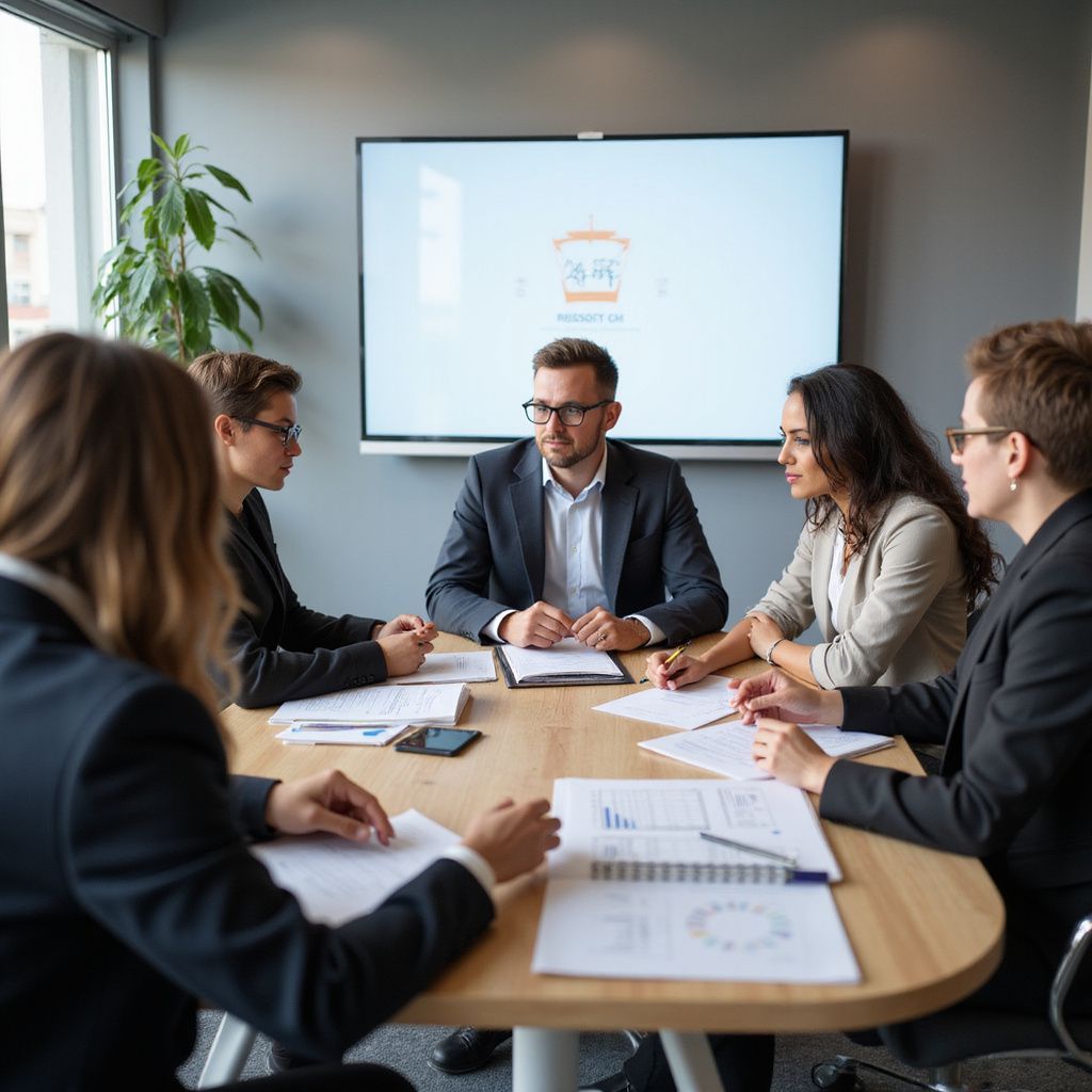Business meeting around a table, documents present, large screen in background.