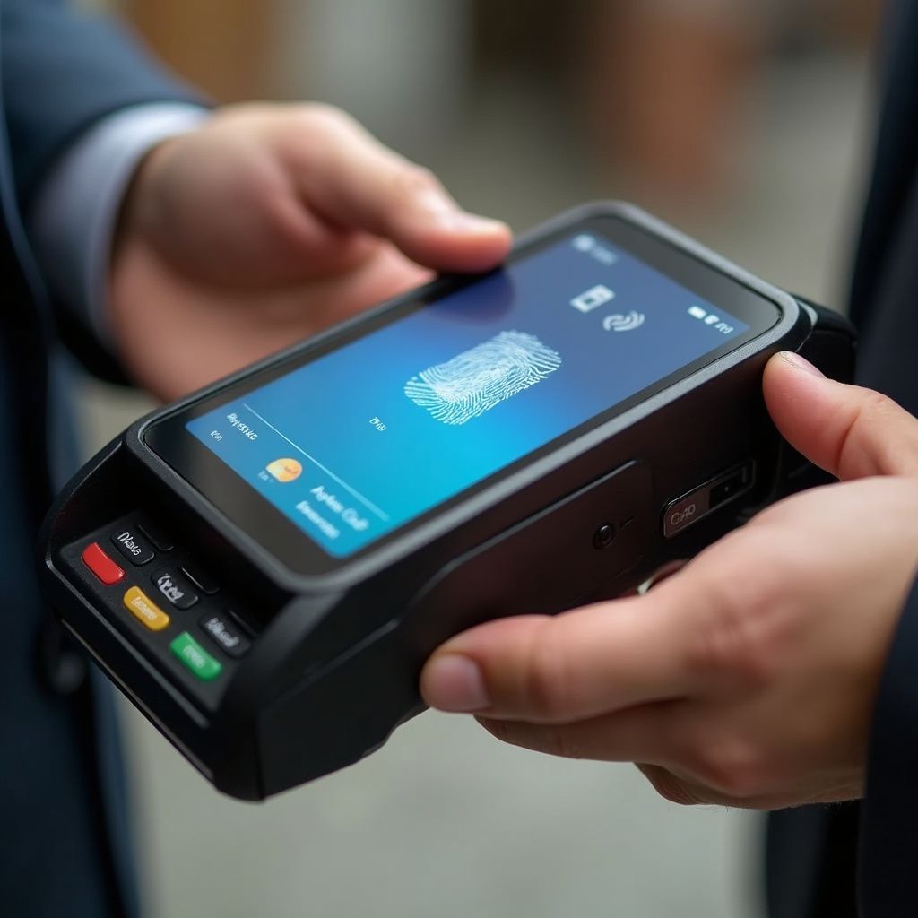 Hands holding a black point-of-sale device with a fingerprint scanner on its screen.